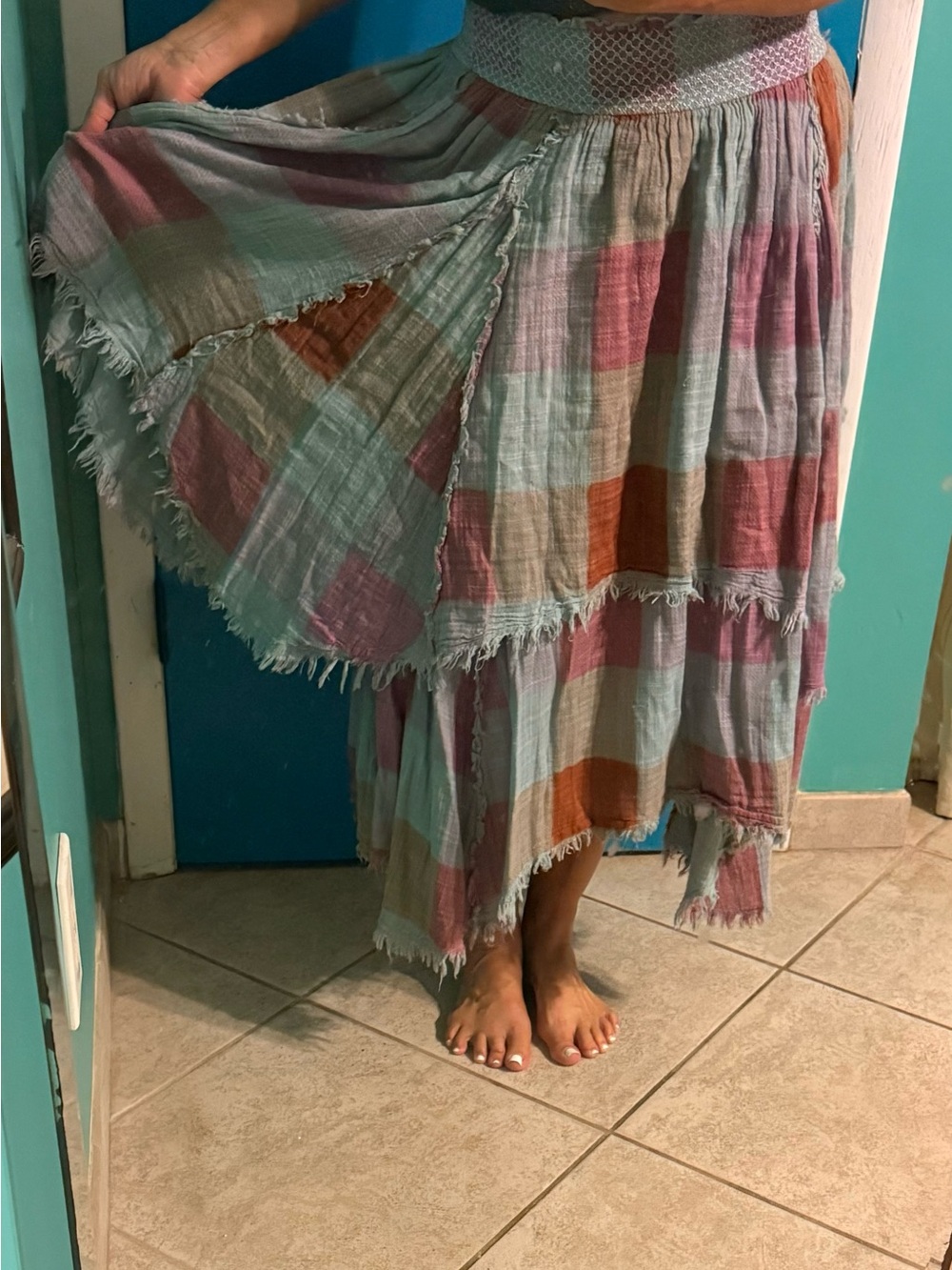 Free People Asymmetrical Plaid Midi Skirt in Pink, Blue, Cream & Rust